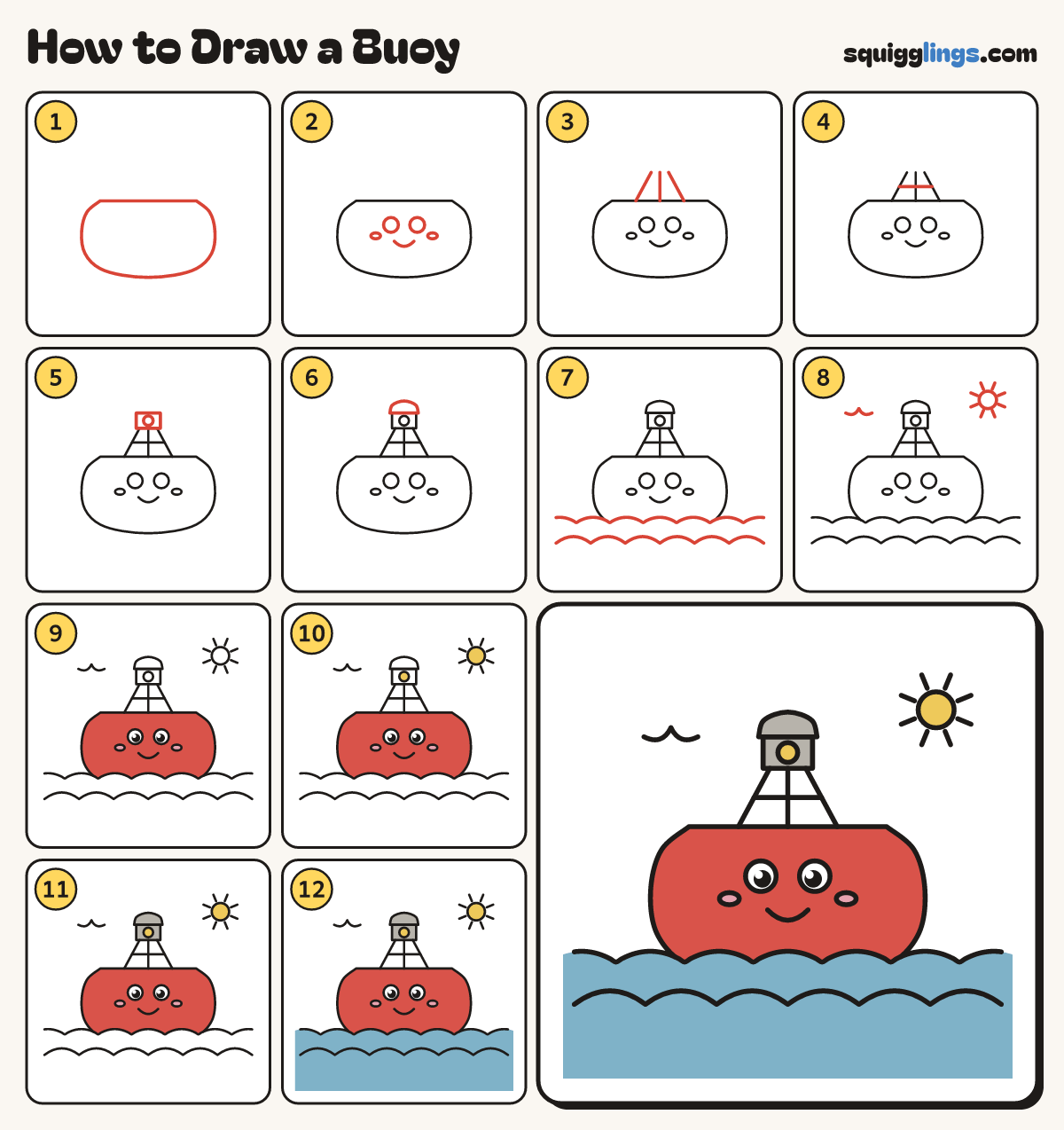 How to Draw a Buoy step by step: all 12 steps in one picture