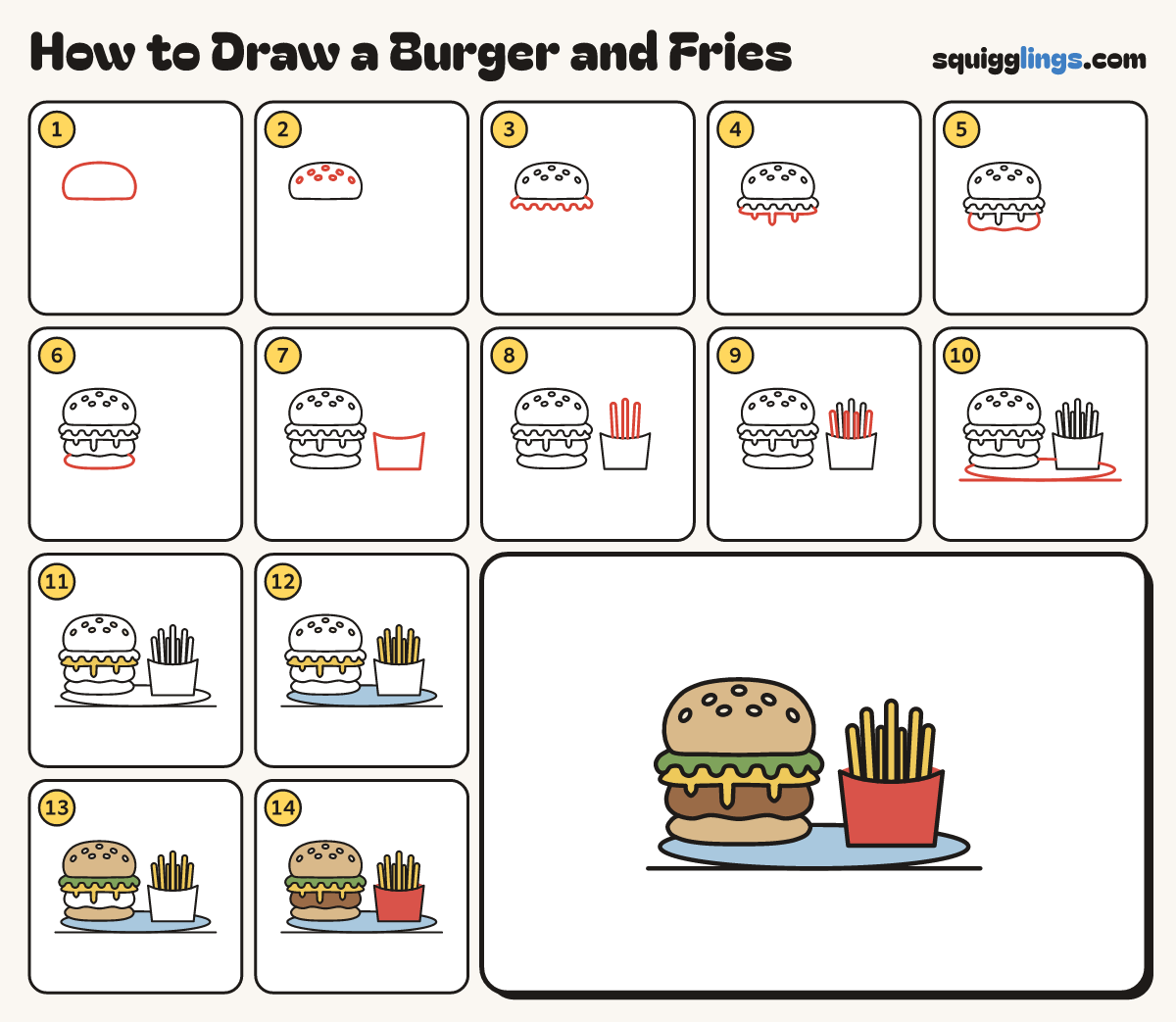 How to Draw a Burger and Fries step by step: all 14 steps in one picture