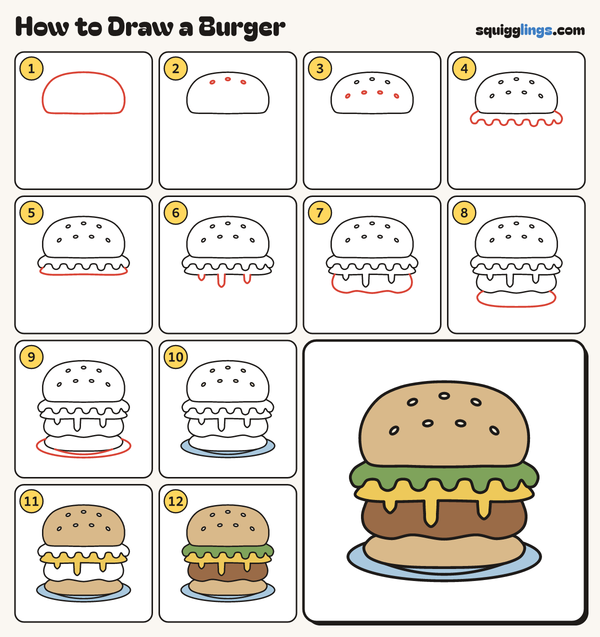 How to Draw a Burger step by step: all 12 steps in one picture