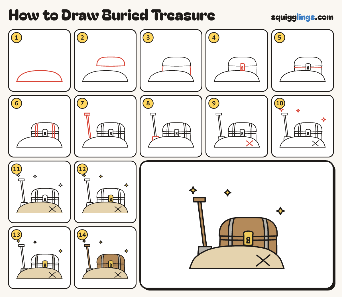 How to Draw Buried Treasure step by step: all 14 steps in one picture