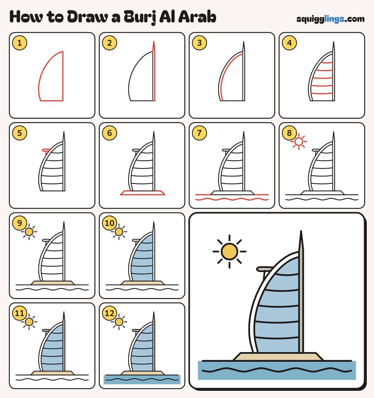 How to Draw a Burj Al Arab step by step: all 12 steps in one picture