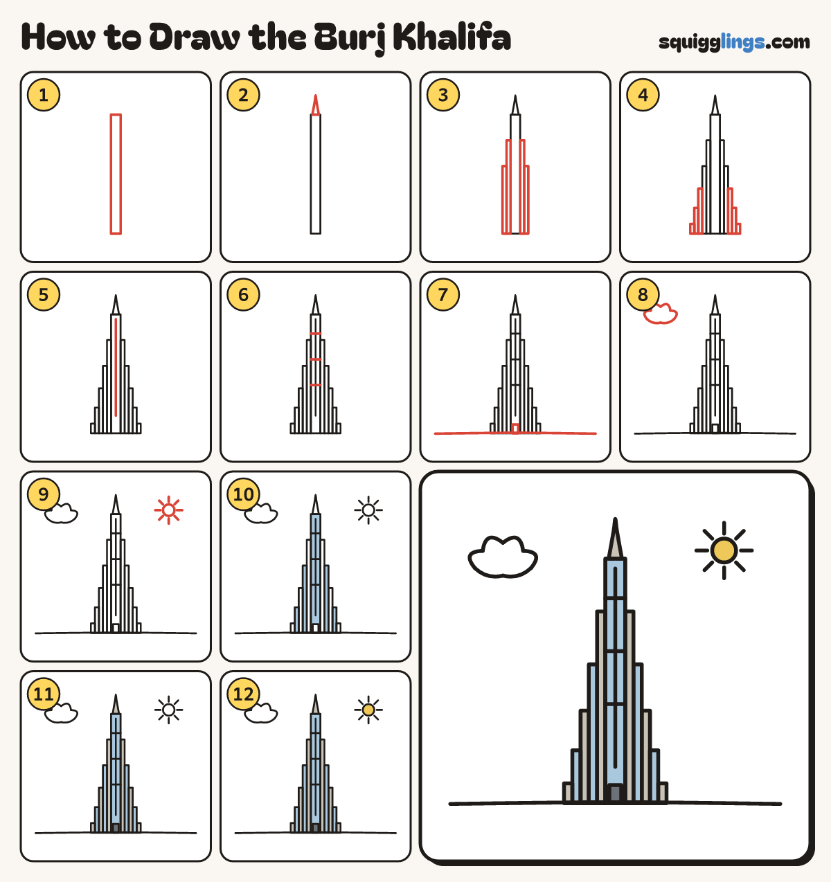 How to Draw the Burj Khalifa step by step: all 12 steps in one picture