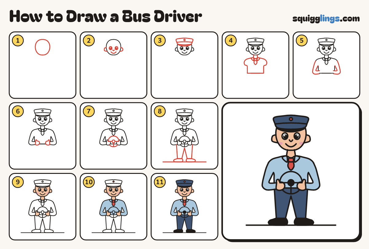 How to Draw a Bus Driver step by step: all 11 steps in one picture