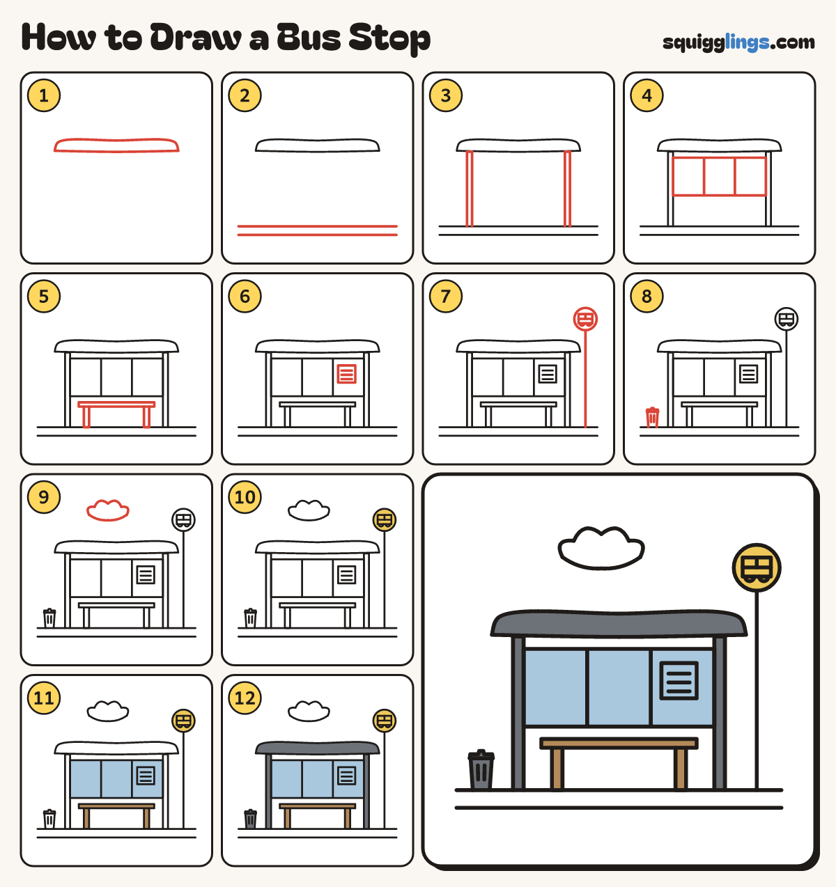 How to Draw a Bus Stop step by step: all 12 steps in one picture