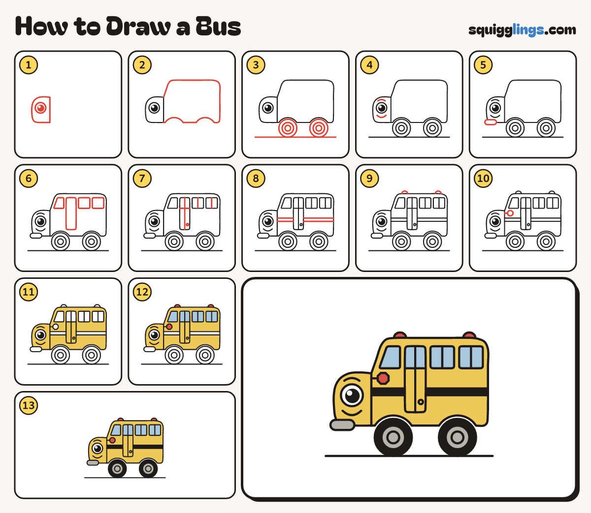How to Draw a Bus step by step: all 13 steps in one picture