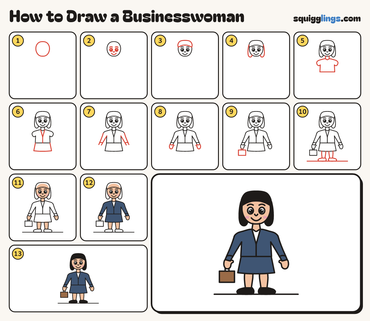 How to Draw a Businesswoman step by step: all 13 steps in one picture