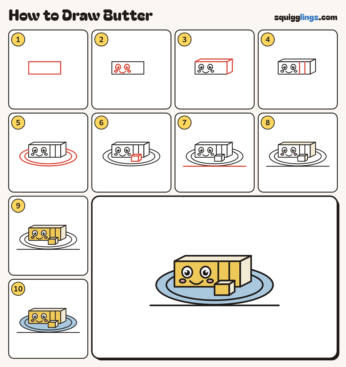 How to Draw Butter step by step: all 10 steps in one picture