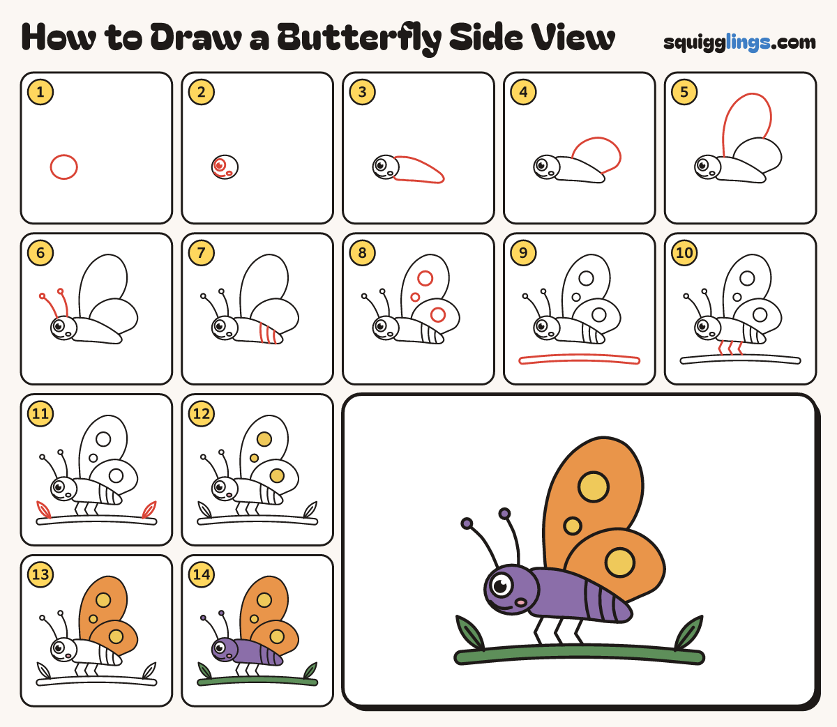 How to Draw a Butterfly Side View step by step: all 14 steps in one picture