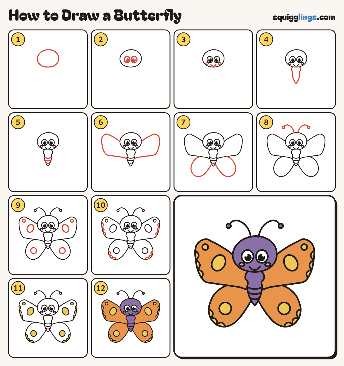 How to Draw a Butterfly step by step: all 12 steps in one picture