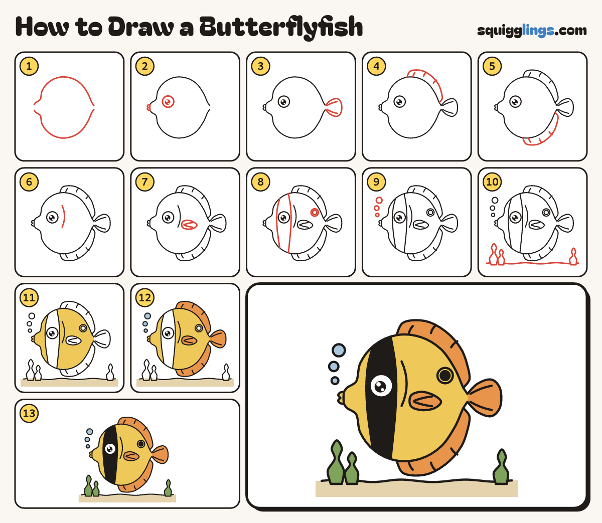 How to Draw a Butterflyfish step by step: all 13 steps in one picture