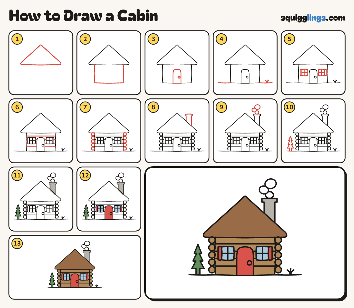How to Draw a Cabin step by step: all 13 steps in one picture