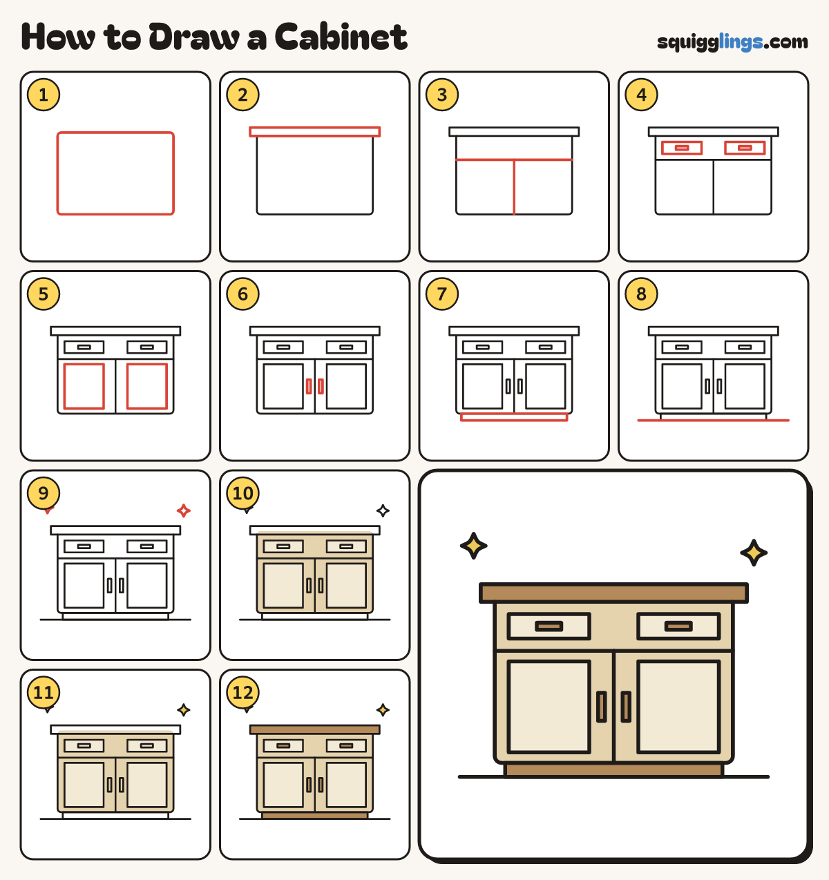 How to Draw a Cabinet step by step: all 12 steps in one picture