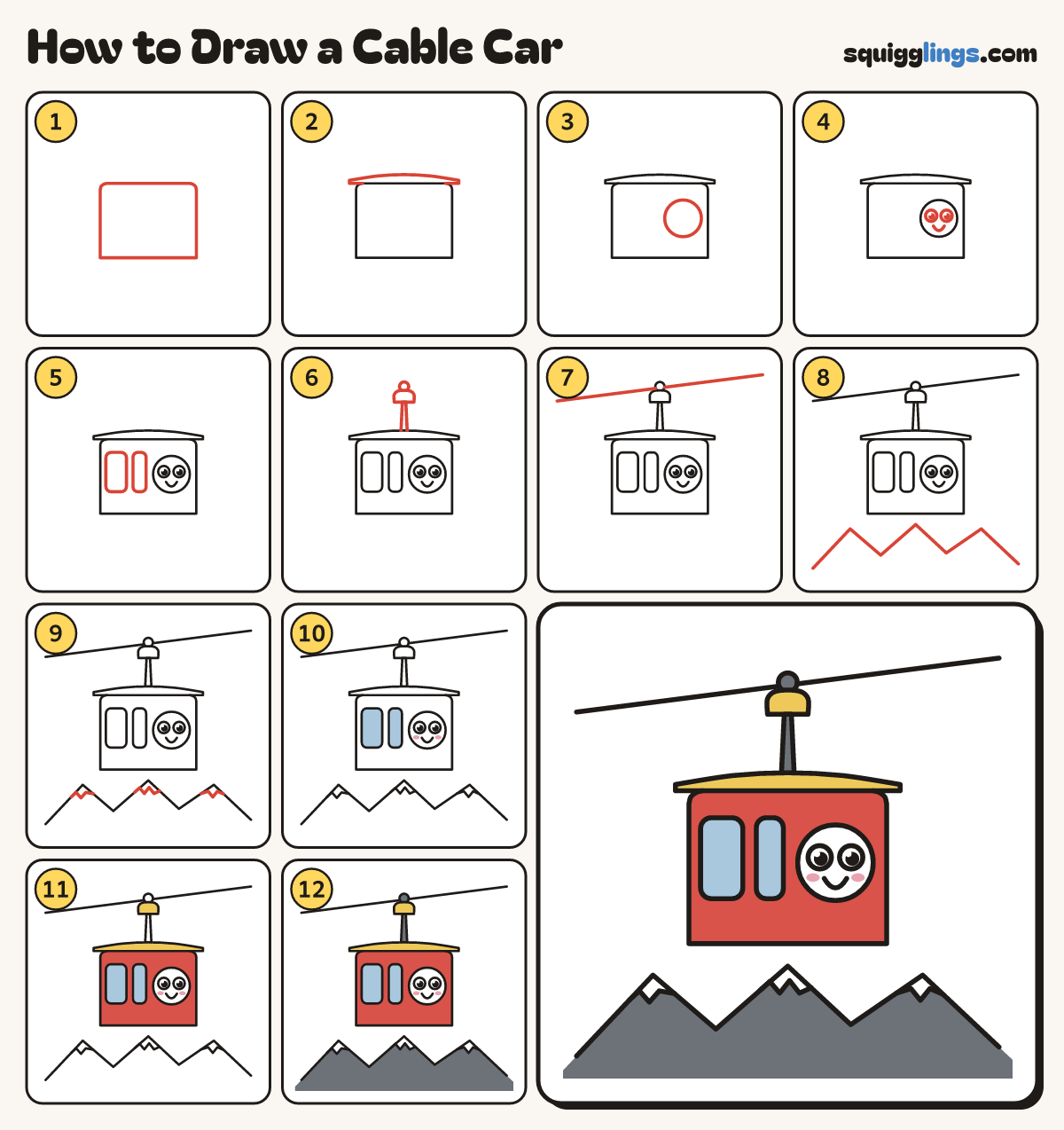 How to Draw a Cable Car step by step: all 12 steps in one picture