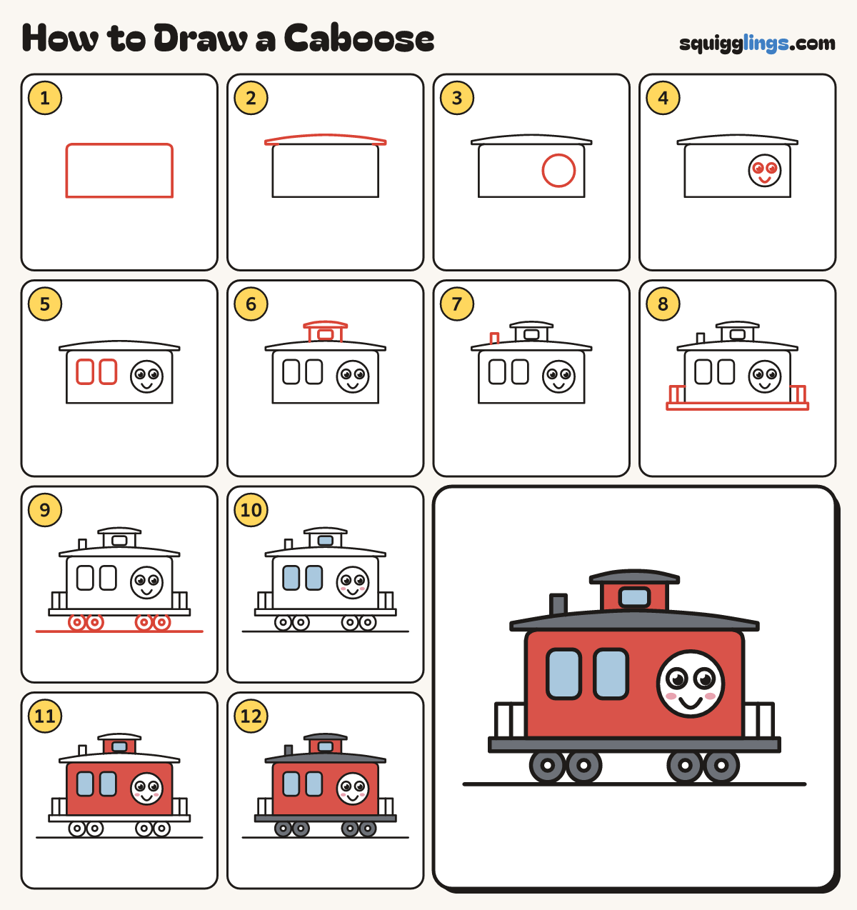 How to Draw a Caboose step by step: all 12 steps in one picture