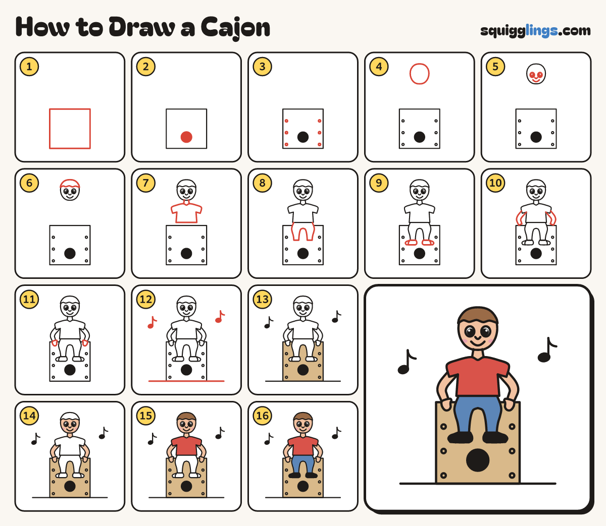 How to Draw a Cajon step by step: all 16 steps in one picture