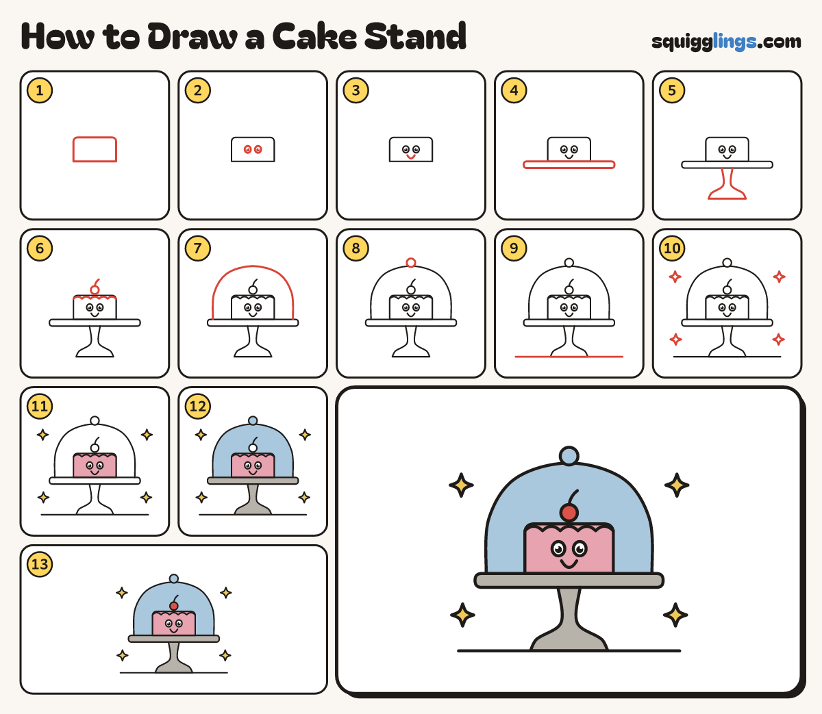 How to Draw a Cake Stand step by step: all 13 steps in one picture