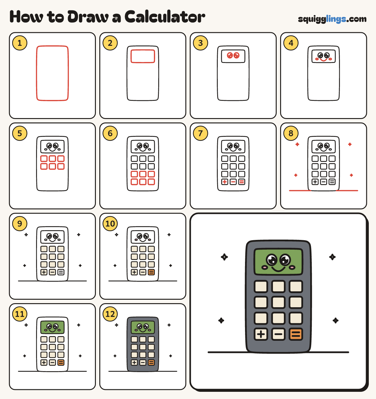 How to Draw a Calculator step by step: all 12 steps in one picture