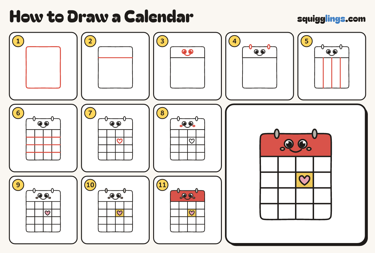 How to Draw a Calendar step by step: all 11 steps in one picture