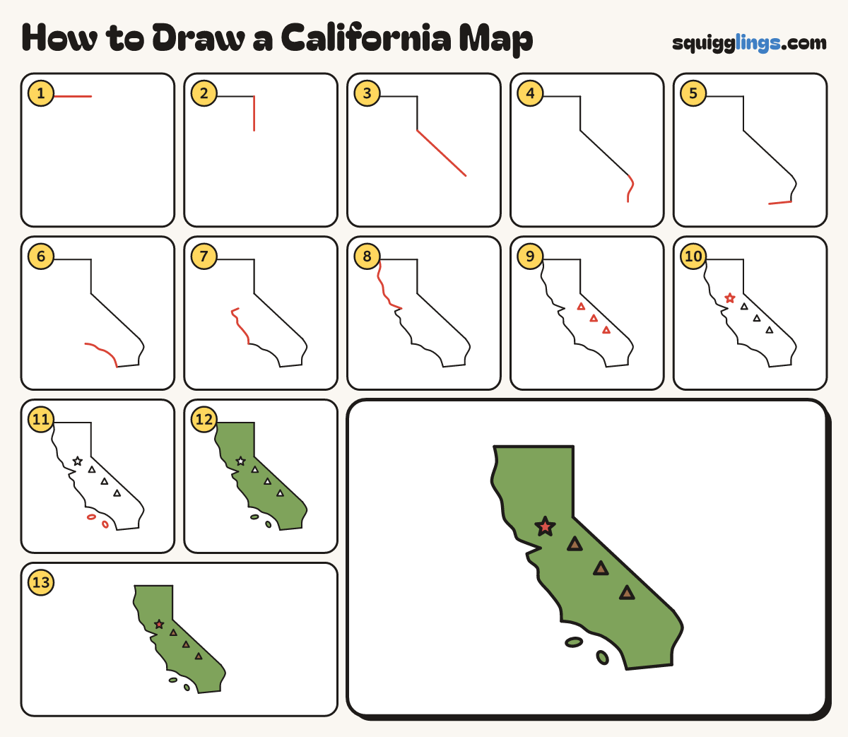 How to Draw a California Map step by step: all 13 steps in one picture