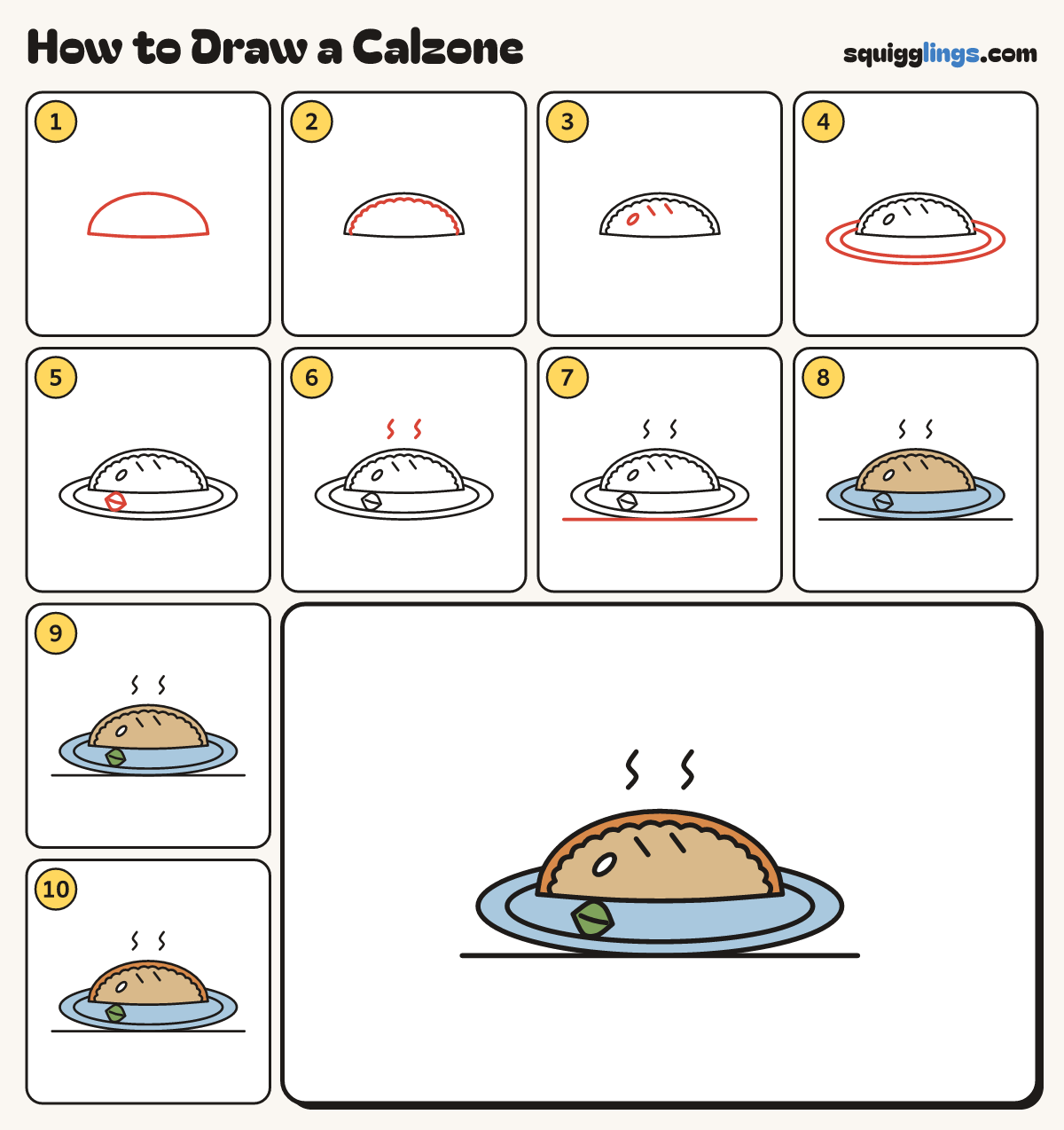 How to Draw a Calzone step by step: all 10 steps in one picture