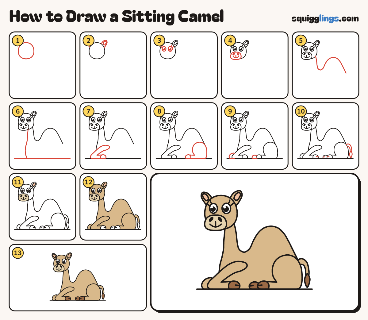 How to Draw a Sitting Camel step by step: all 13 steps in one picture