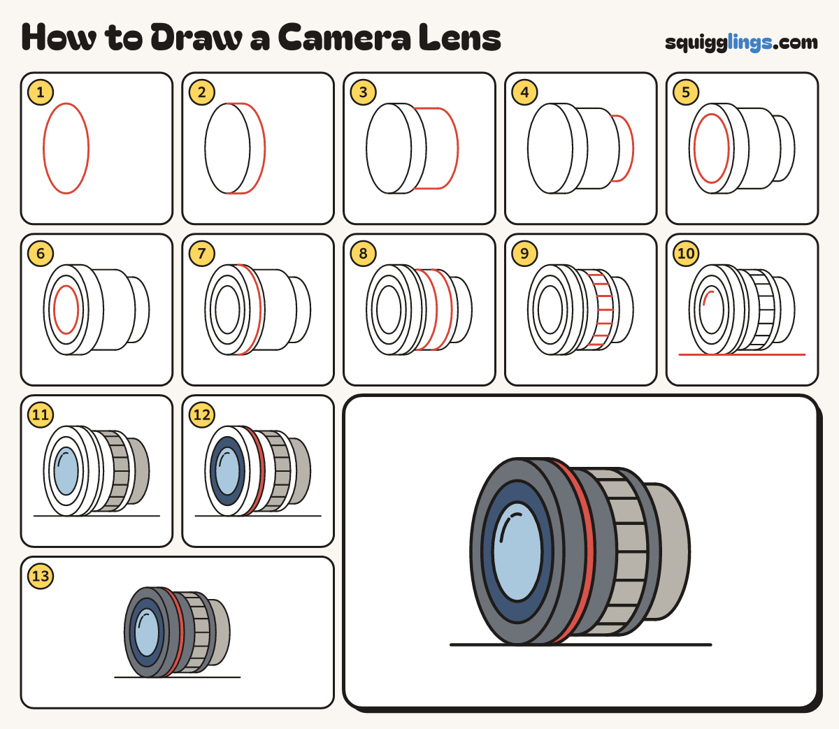How to Draw a Camera Lens step by step: all 13 steps in one picture