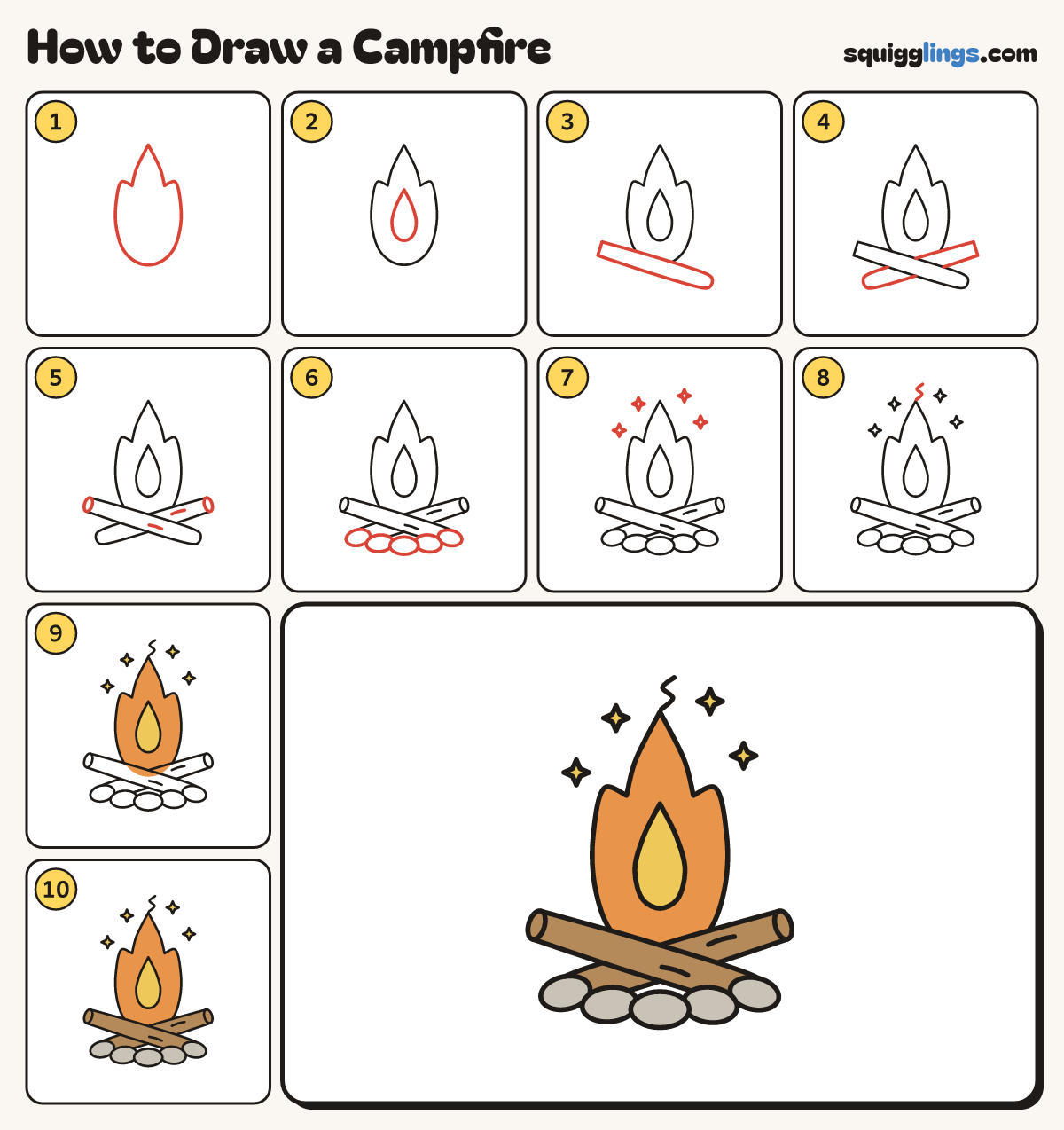 How to Draw a Campfire step by step: all 10 steps in one picture