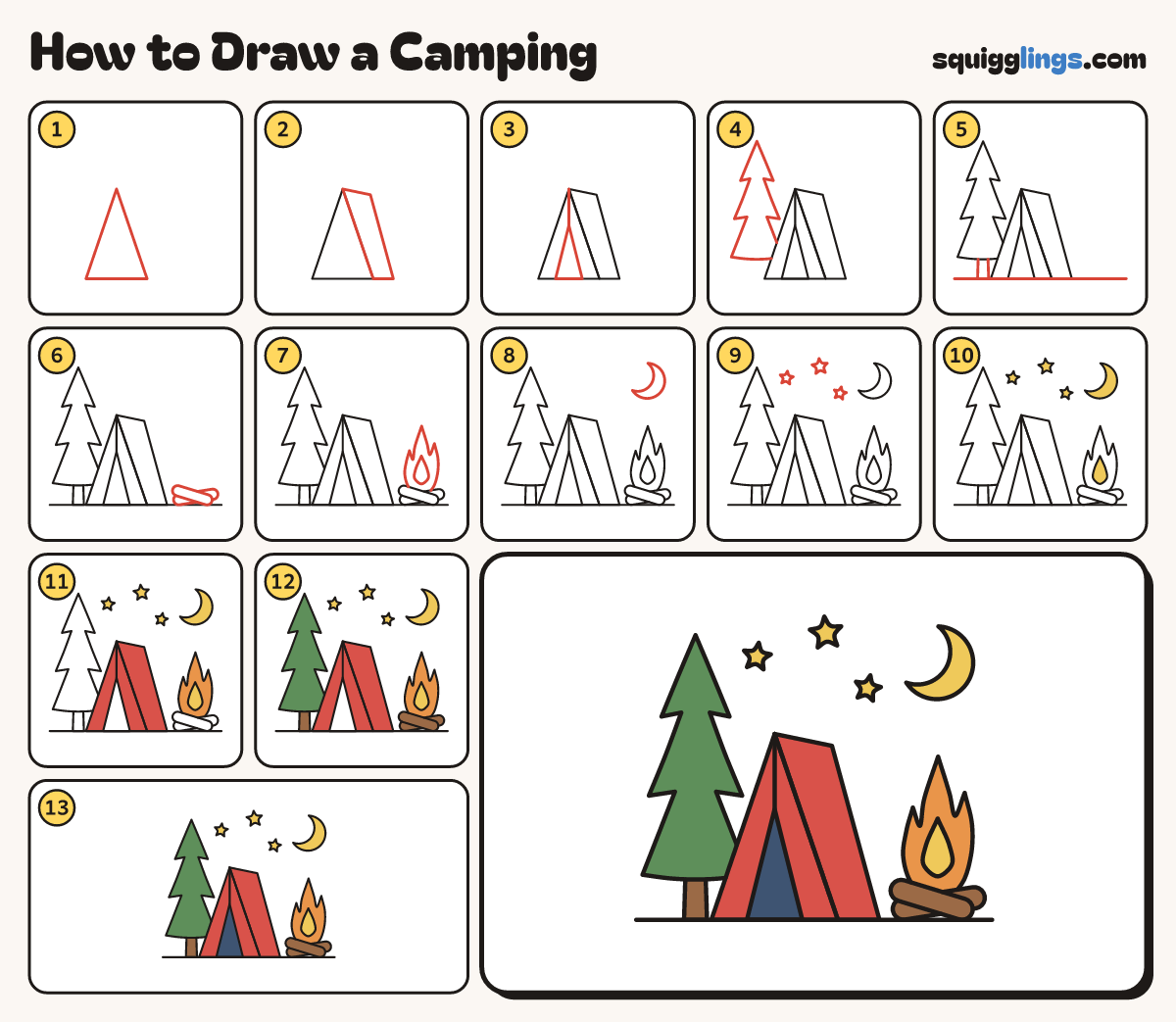 How to Draw a Camping step by step: all 13 steps in one picture
