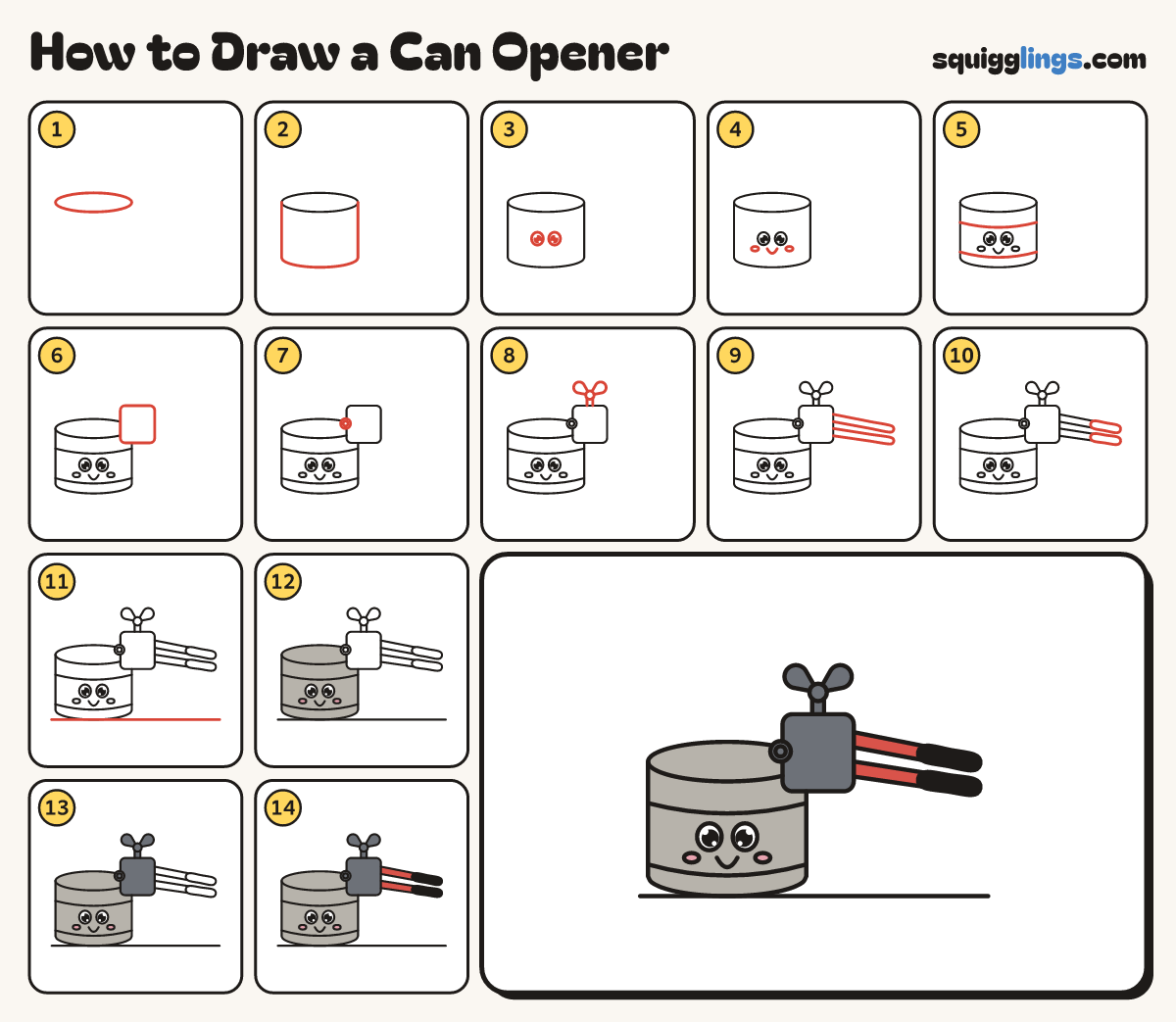 How to Draw a Can Opener step by step: all 14 steps in one picture
