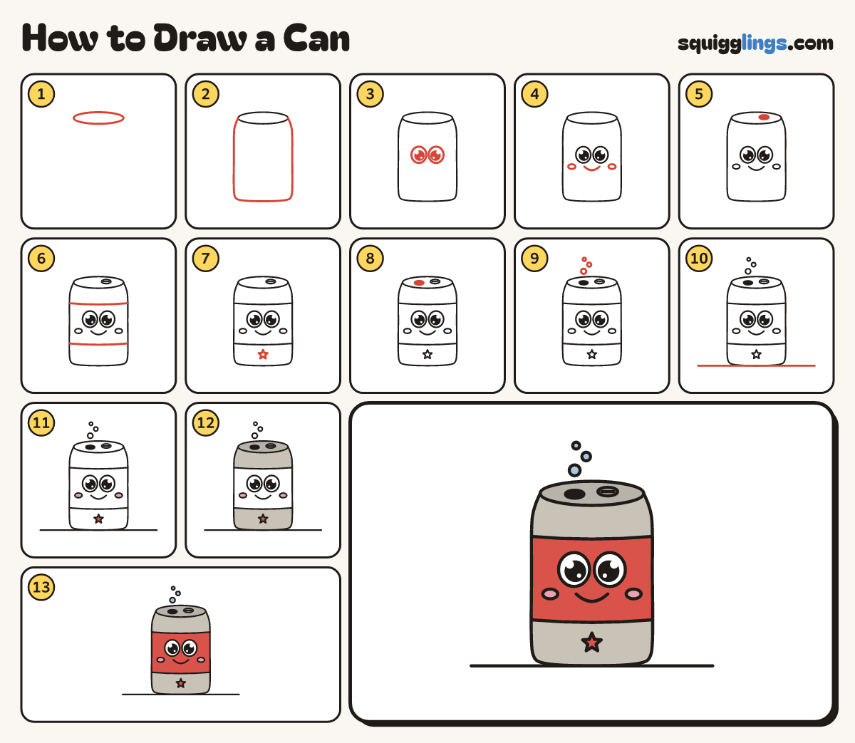 How to Draw a Can step by step: all 13 steps in one picture
