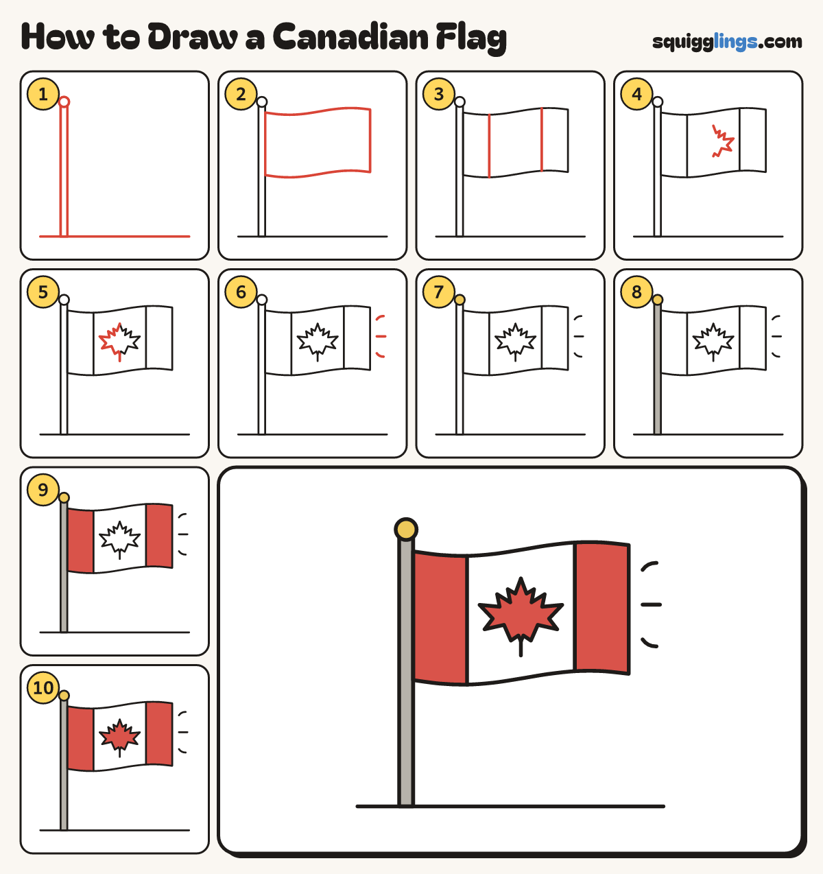 How to Draw a Canadian Flag step by step: all 10 steps in one picture