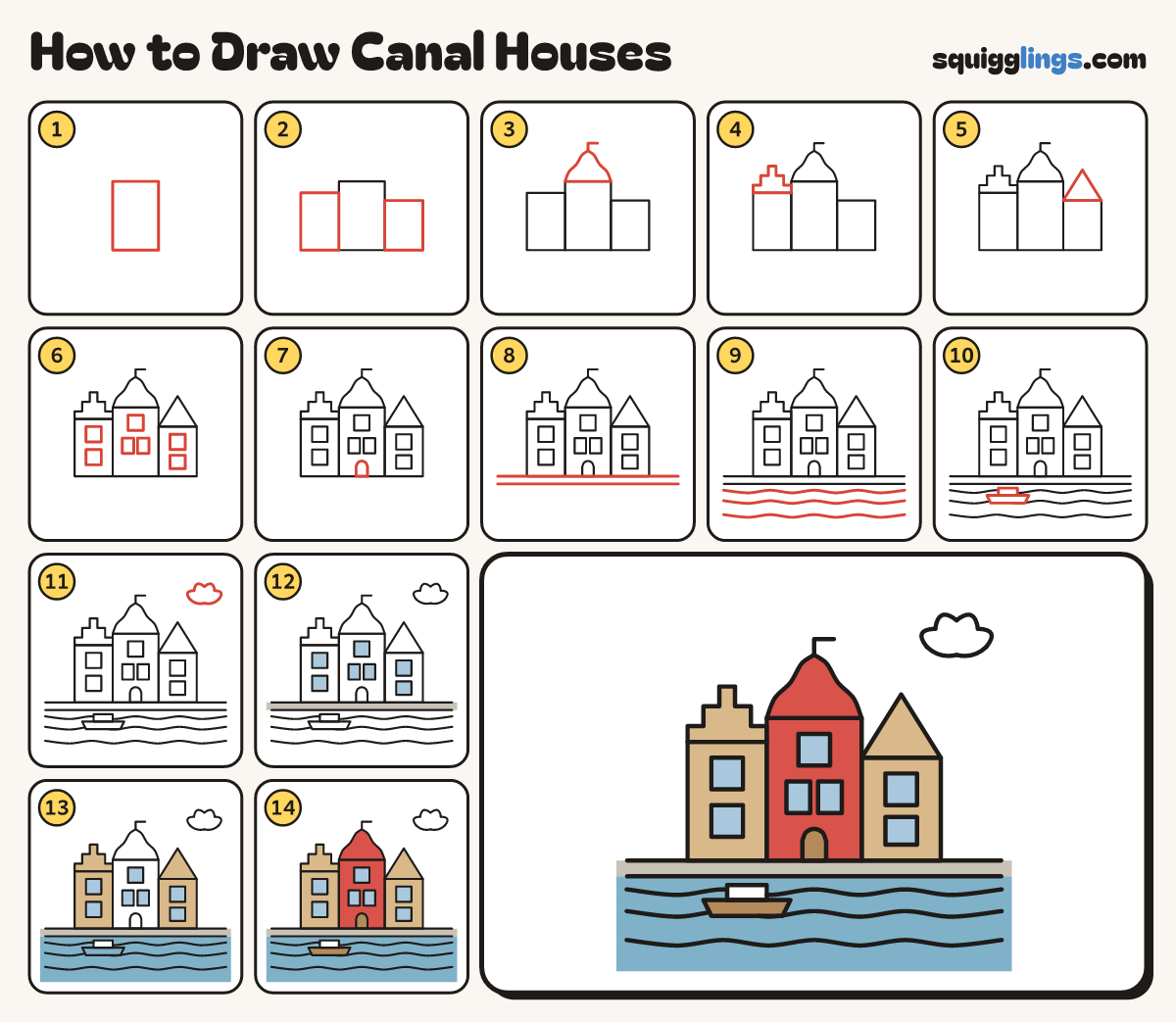 How to Draw Canal Houses step by step: all 14 steps in one picture