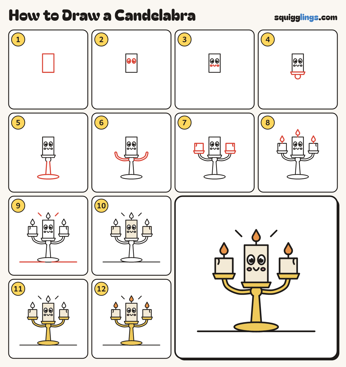 How to Draw a Candelabra step by step: all 12 steps in one picture