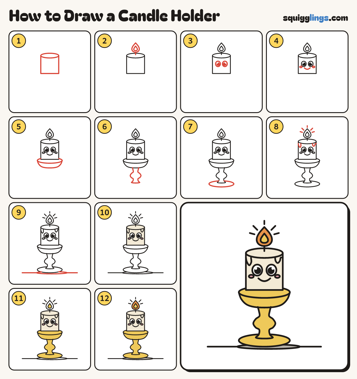 How to Draw a Candle Holder step by step: all 12 steps in one picture