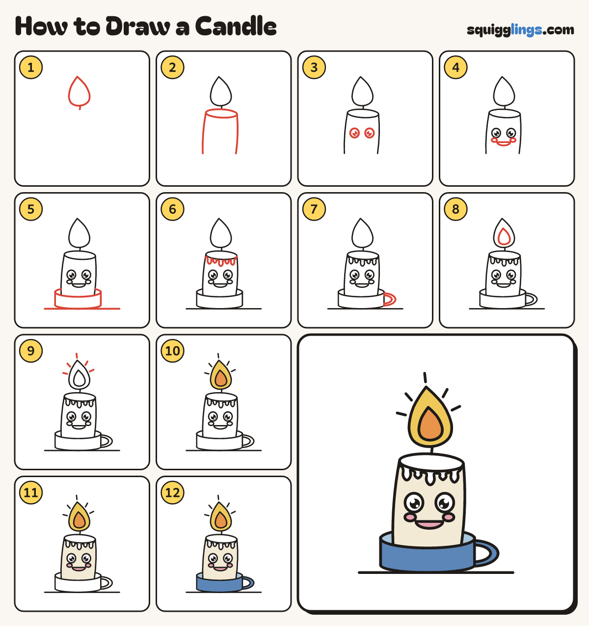How to Draw a Candle step by step: all 12 steps in one picture