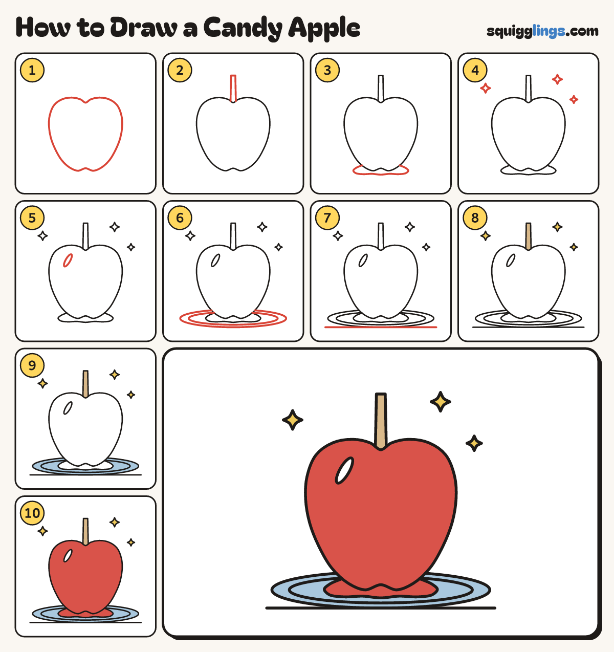 How to Draw a Candy Apple step by step: all 10 steps in one picture