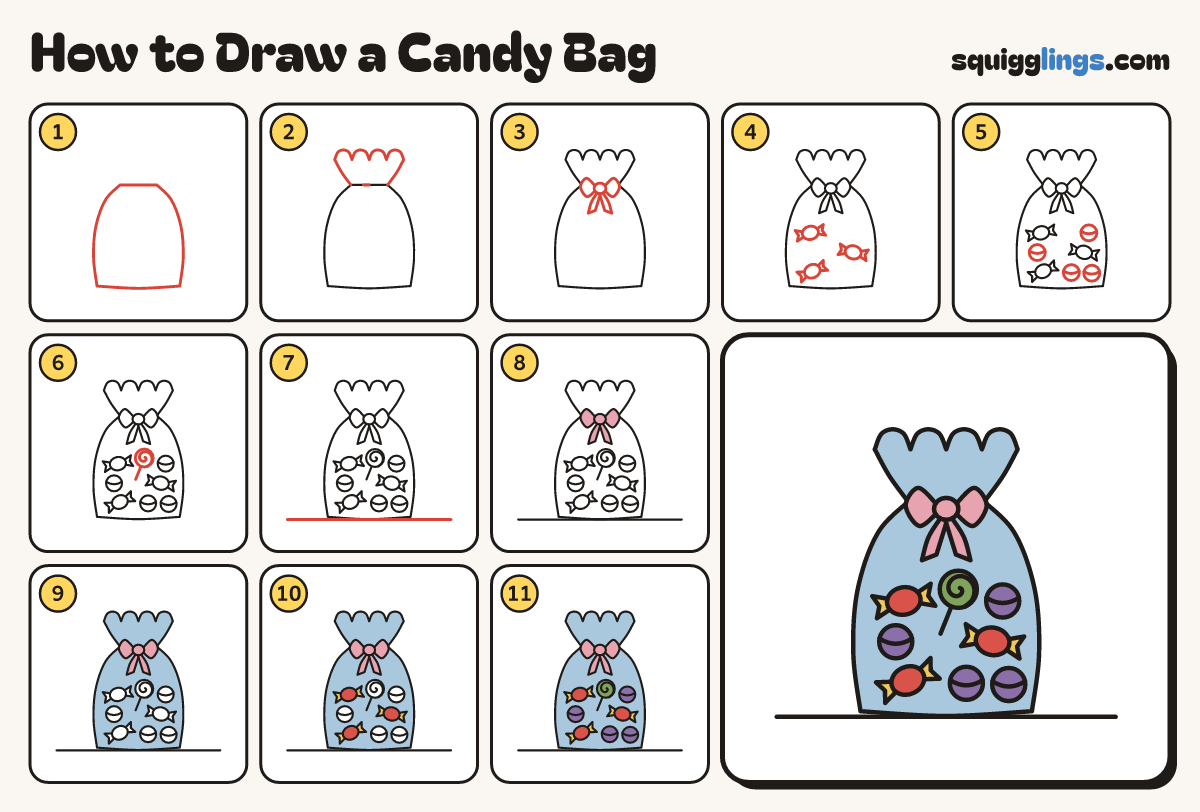 How to Draw a Candy Bag step by step: all 11 steps in one picture