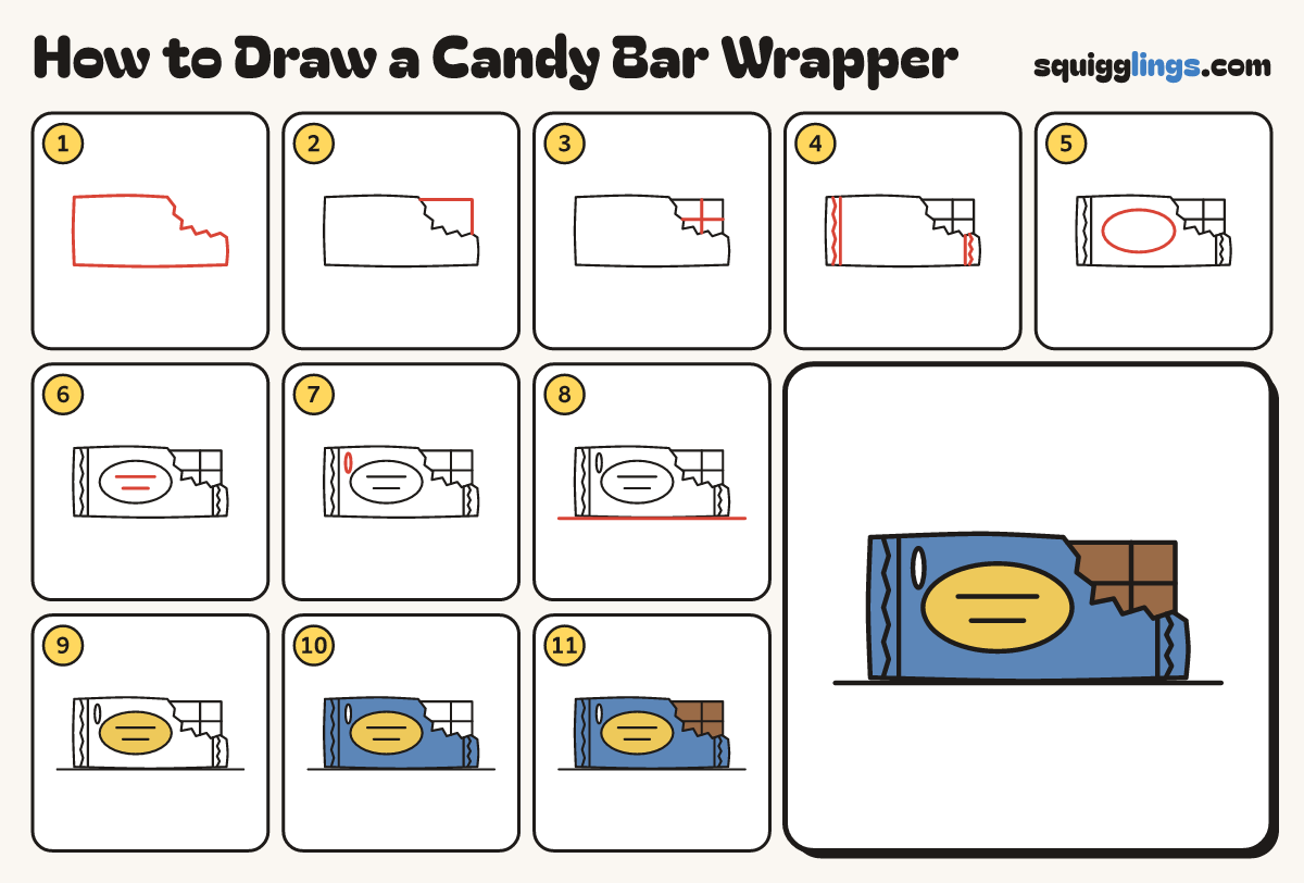 How to Draw a Candy Bar Wrapper step by step: all 11 steps in one picture