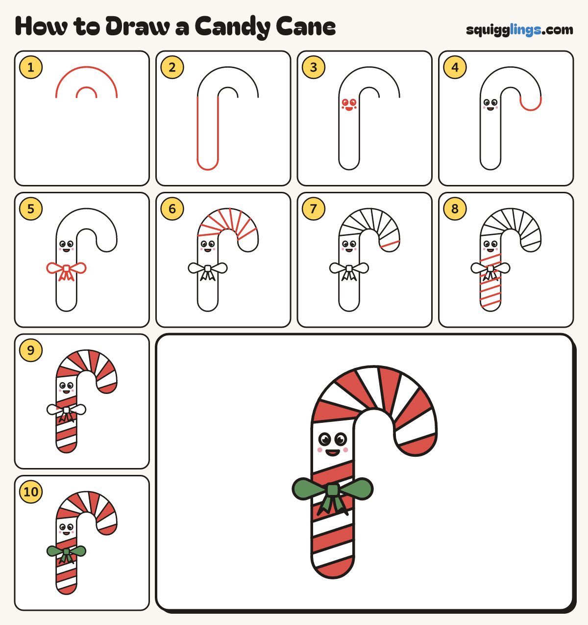 How to Draw a Candy Cane step by step: all 10 steps in one picture