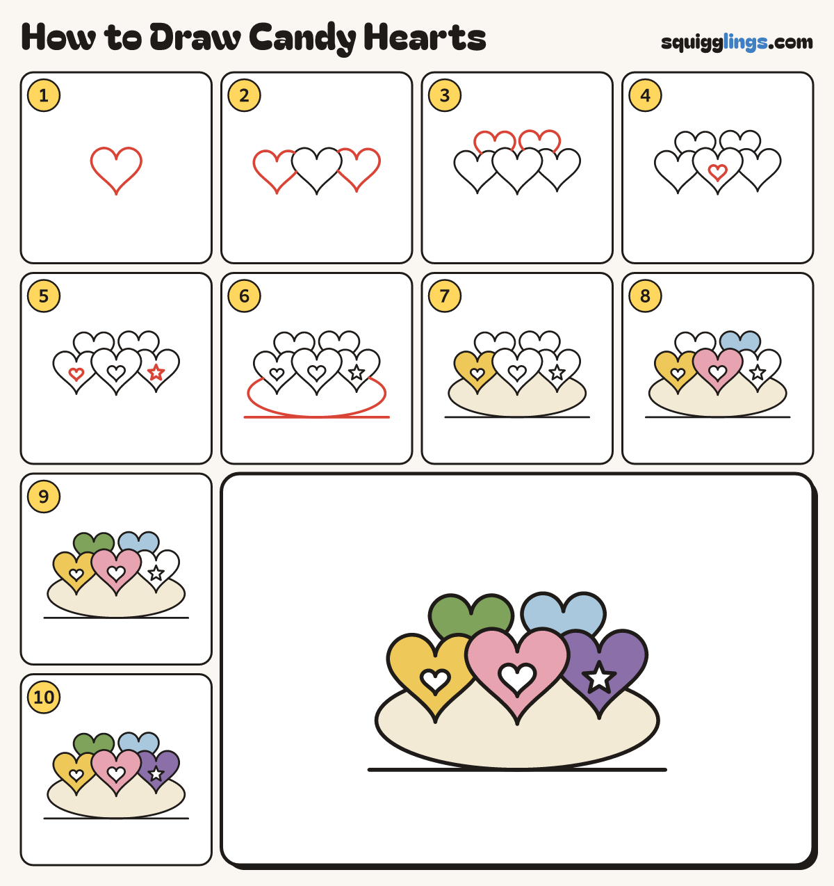 How to Draw Candy Hearts step by step: all 10 steps in one picture