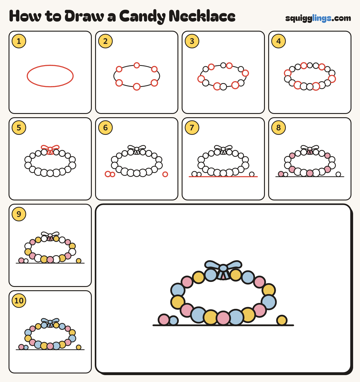 How to Draw a Candy Necklace step by step: all 10 steps in one picture