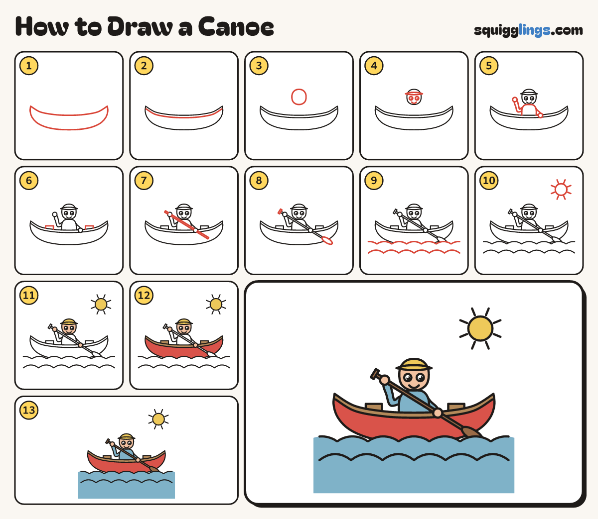 How to Draw a Canoe step by step: all 13 steps in one picture