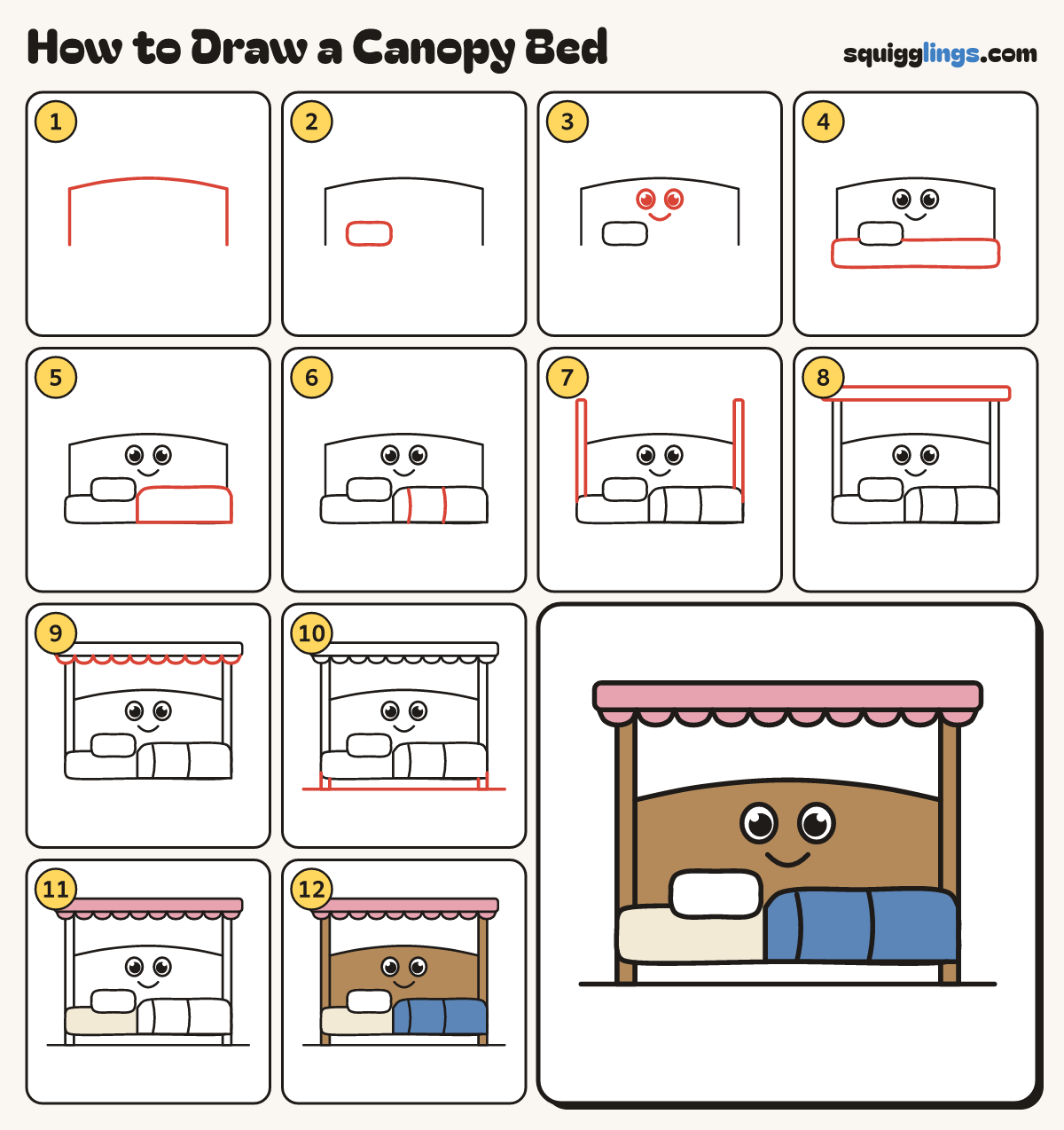 How to Draw a Canopy Bed step by step: all 12 steps in one picture