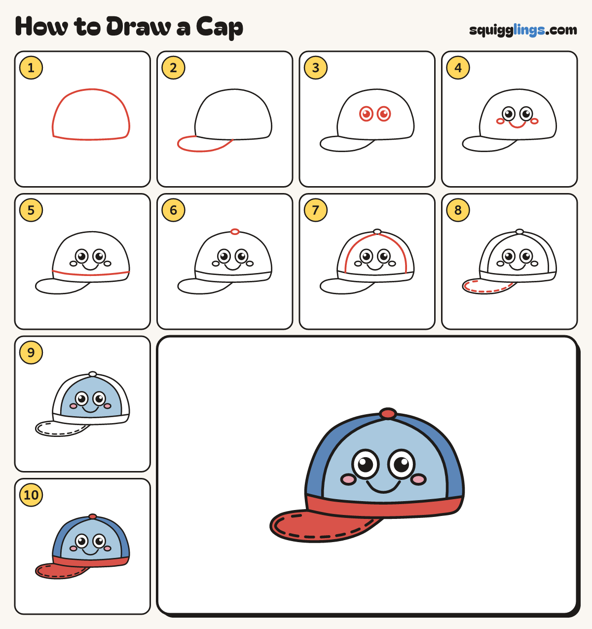 How to Draw a Cap step by step: all 10 steps in one picture