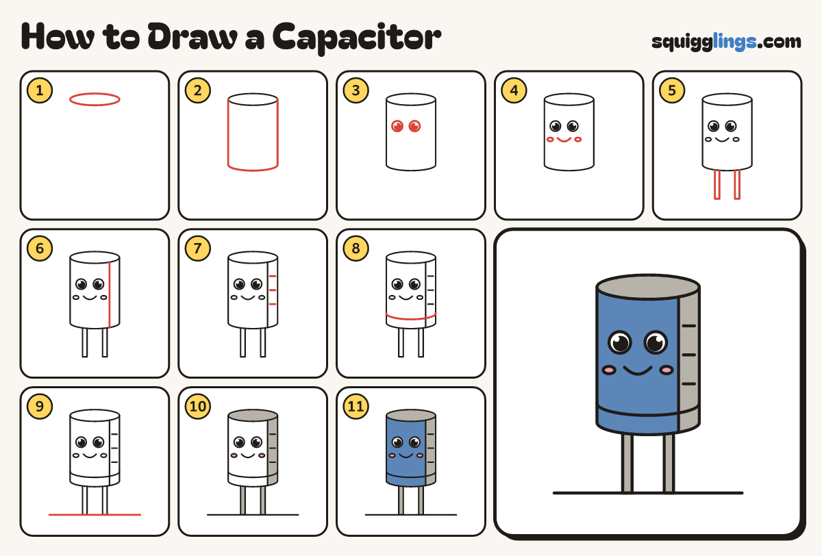 How to Draw a Capacitor step by step: all 11 steps in one picture
