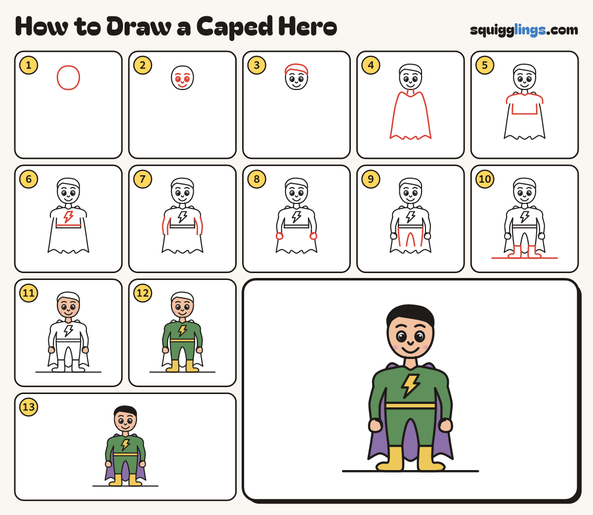 How to Draw a Caped Hero step by step: all 13 steps in one picture