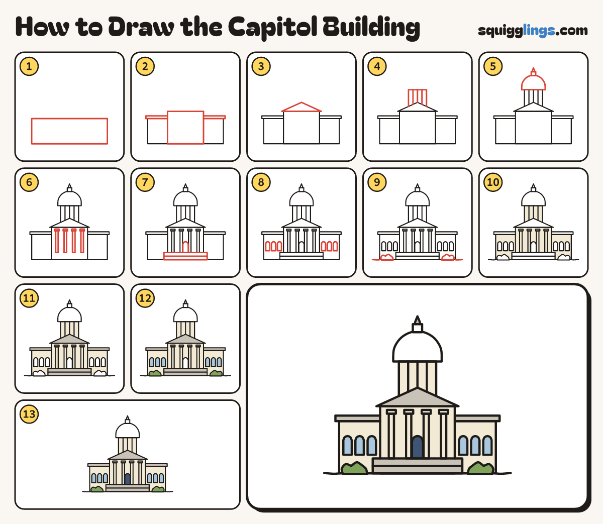 How to Draw the Capitol Building step by step: all 13 steps in one picture