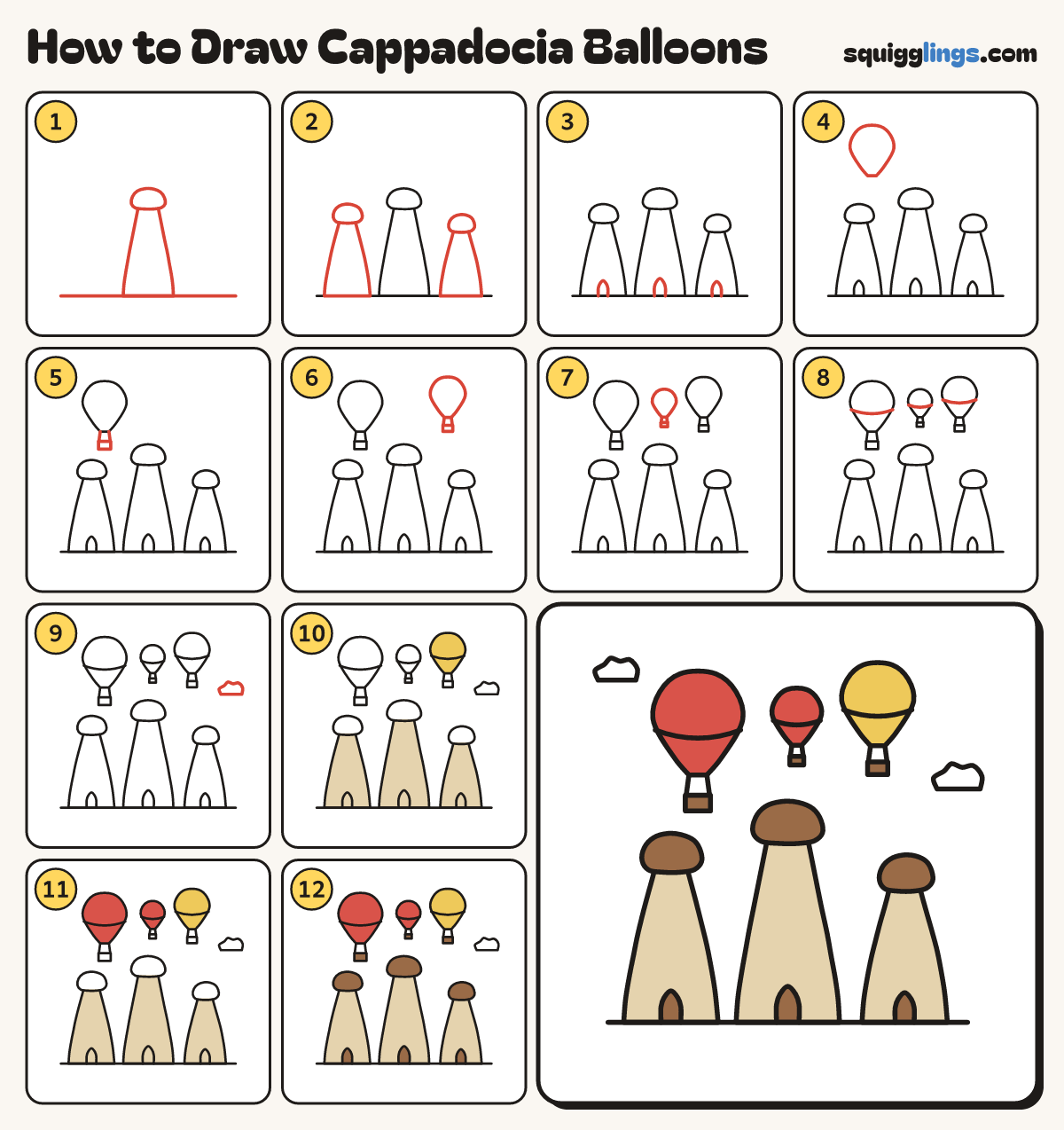 How to Draw Cappadocia Balloons step by step: all 12 steps in one picture