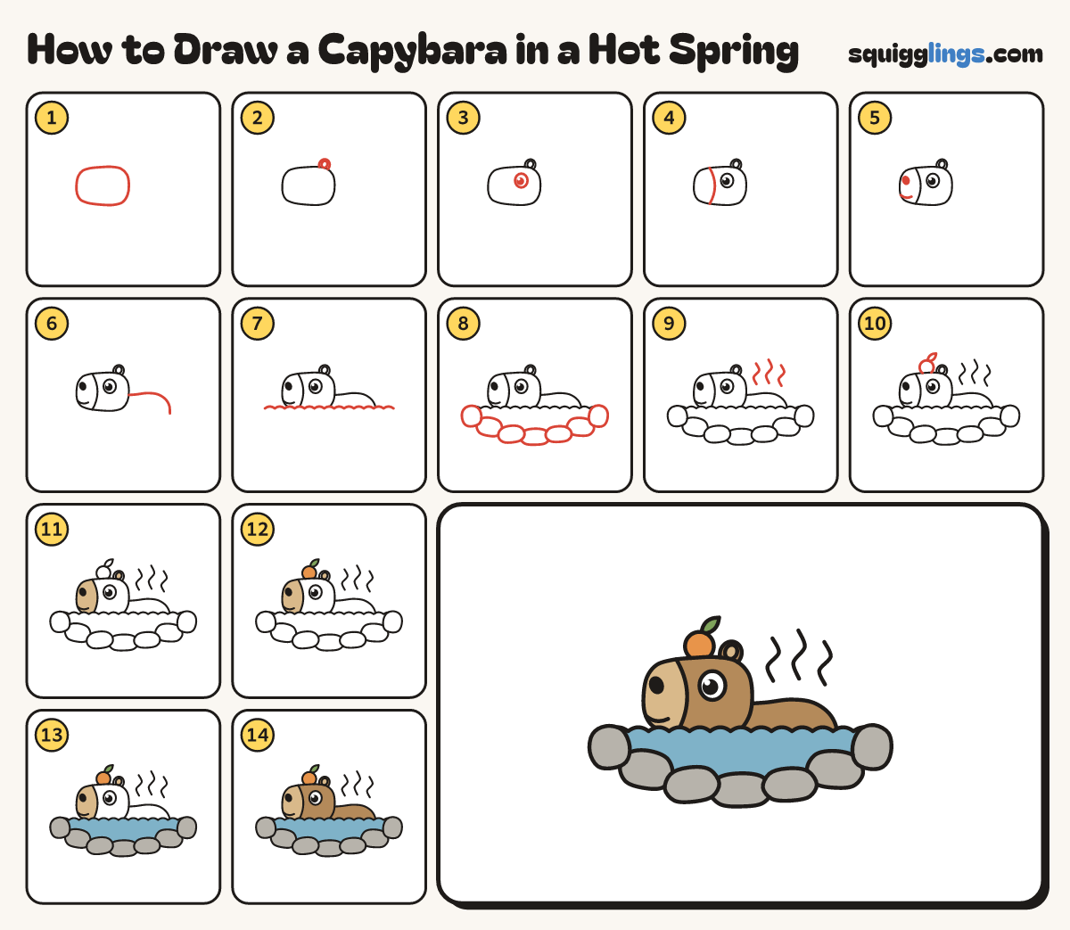 How to Draw a Capybara in a Hot Spring step by step: all 14 steps in one picture