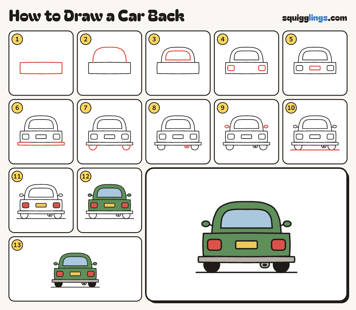 How to Draw a Car Back step by step: all 13 steps in one picture